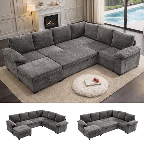 108 Inch Sectional Sleeper L Shaped Sofa with Pull Out Bed, 7 Seat Modular Sectional Sofa with Storage, Modern Chenille Cloud Couch, Sectional Couches for Living Room, Gray