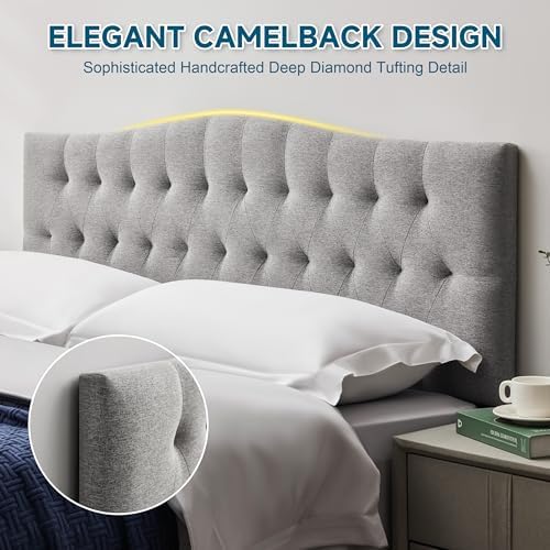 Tufted Upholstered Linen Fabric Queen Headboard Only, Headboard Queen Size with Adjustable Height from 38"–50",Durable Modern Diamond Design Wood Headboads, Light Gray