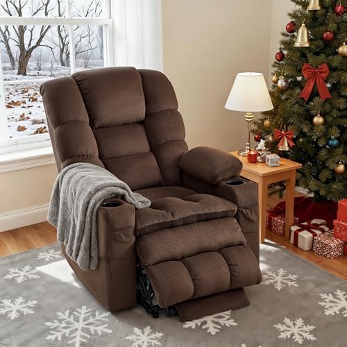 MCombo Large Triple Motor Power Lift Recliner Chair with Massage and Dual Heating, Adjustable Headrest for Tall Elderly People, Fabric 7634 (Coffee, Large)