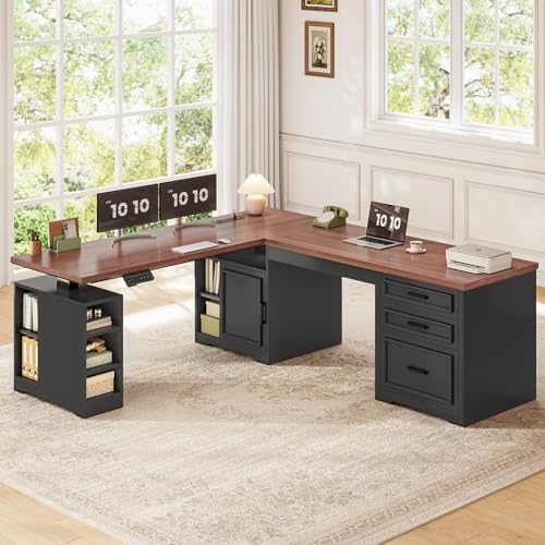 SEDETA Farmhouse L Shaped Electric Standing Desk, 63" x 67" Height Adjustable Home Office Executive Desk with Drawers and Shelves, Standing Computer Desks with Power Outlet for Home Office, Black