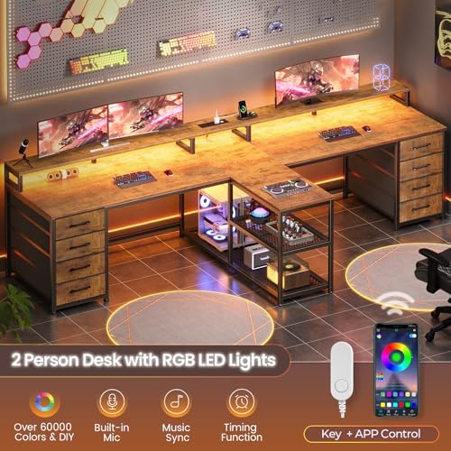 SEDETA 94.5" 2 Person Gaming Desk, Long Office Computer Desk with 8 Drawers & LED Lights, Two Person Desk with Storage, Power Strip & Monitor Stand for Home Office, Rustic Brown