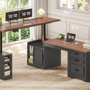 SEDETA Farmhouse L Shaped Electric Standing Desk, 63" x 67" Height Adjustable Home Office Executive Desk with Drawers and Shelves, Standing Computer Desks with Power Outlet for Home Office, Black