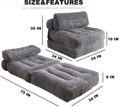 Folding Sofa Bed, Convertible Sleeper Chair Couch Bed Faux Rabbit Fur for Adults, with Back Support Floor Couch Comfy Floor Sofa for Living Room Bedroom, Dark Grey, Single