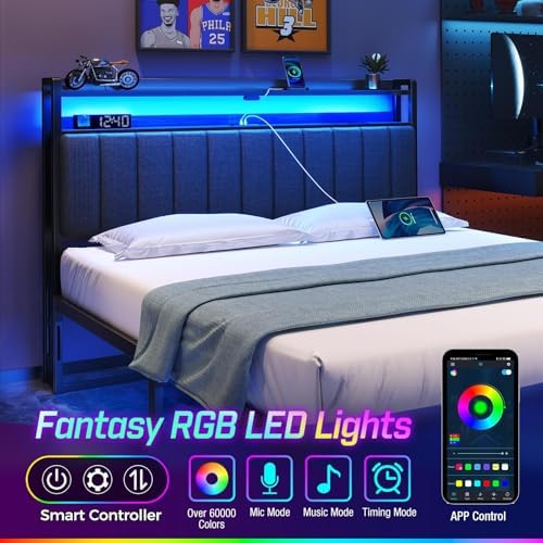 Rolanstar Headboard for Queen Size Bed with Storage, 60,000 DIY Color of LED Light, Head Board with USB & Type C Port, Height Adjustable, Black Upholstered Cabeceras de Cama Comfortable Modern, Linen