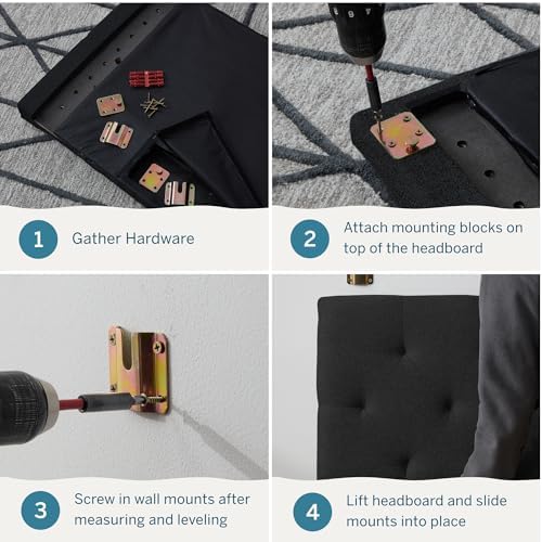 Lucid Mid-Rise Upholstered Headboard - Diamond Tufted - Padded Polyester - Adjustable Height from 34” to 46” - Easy Assembly - Bed Frame or Wall Mount - Sturdy - Black - Queen Size