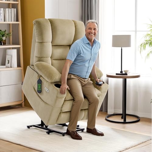 MCombo Large Triple Motor Power Lift Recliner Chair with Massage and Dual Heating, Adjustable Headrest for Tall Elderly People, Fabric 7634 (Beige, Large)