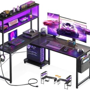 AODK L Shaped Desk Gaming Desk with LED Light & Power Outlet, 53 Inch Reversible L Shaped Computer Table with Shelf & Storage Bag & Hook for Home Office, Black