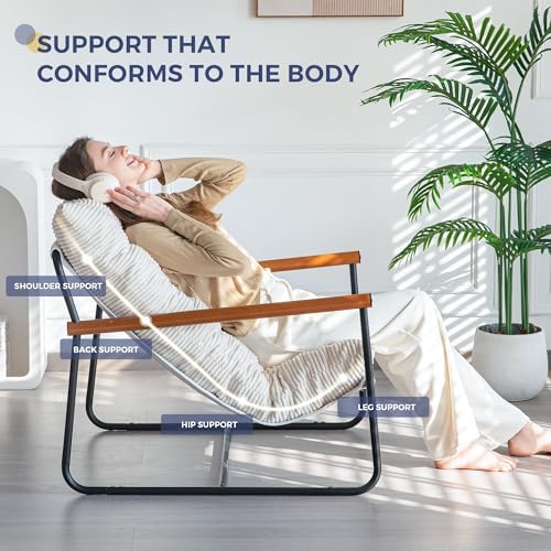 MAXYOYO Modern Accent Chair, Comfy Living Room Chair with Metal Frame Wooden Armrest, Upholstered Armchair with Soft Cushion for Bedroom Balcony Lounge Reading Room, Beige