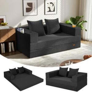 COMAX Futon Sofa Bed, 4‑in‑1 Convertible Sofa Bed, Folding Boneless Couches for Living Room, Fold Out Small Foldable Loveseat Floor Sleeper Comfy Mattress Lounge Space‑Saving, Black