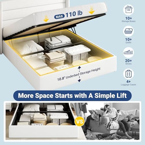Allewie Queen Size Velvet Lift Up Storage Bed, Modern Wingback Headboard, Hydraulic Support, No Box Spring Needed, White