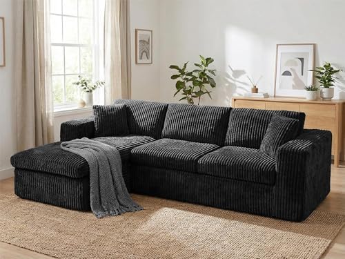 Vongrasig 105" Boneless Couches for Living Room, Sectional Couches Modular Sofa with L-Shaped Chaise, Memory Foam Comfy Cloud Couch with Plush Corduroy Fabric, No Assembly Required, Black