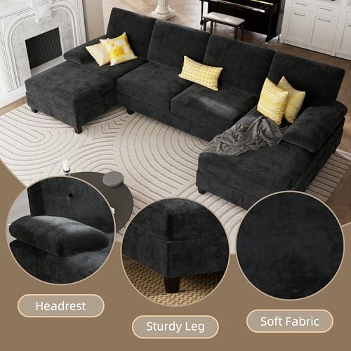 Shintenchi U-Shaped Sectional Couches for Living Room, 4 Seat Sofa with Double Chaise Lounges,Solid Wood Frame Sectional Sofa for Apartment,Black