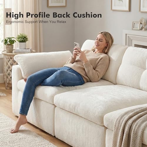 111.4" Cloud Sectional Couches for Living Room, Boneless L Shaped Couch with Ottoman, 3 Seater Modular Sectional Sofa, White