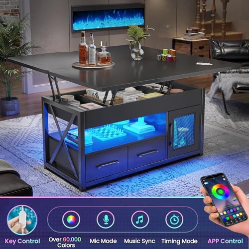 Itaar 40" Lift Top Coffee Table, 4 in 1 Coffee Tables with Storage Cabinet for Living Room, Small Farmhouse Coffee Table with 2 Fabric Drawers & LED Light for Dining Room, Black