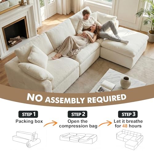 111.4" Cloud Sectional Couches for Living Room, Boneless L Shaped Couch with Ottoman, 3 Seater Modular Sectional Sofa, White