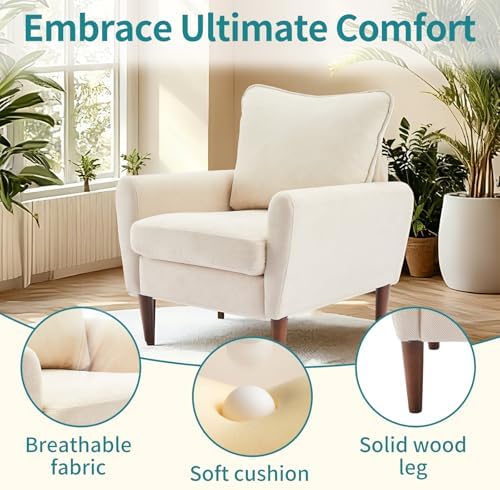 OLIXIS Comfy Accent Chair for Living Room Bedroom and Waiting Room, Upholstered Mid-Century Reading Chair with Pillow and Solid Wood Legs, Wide Singe Modern Lounge Sofa (Beige)