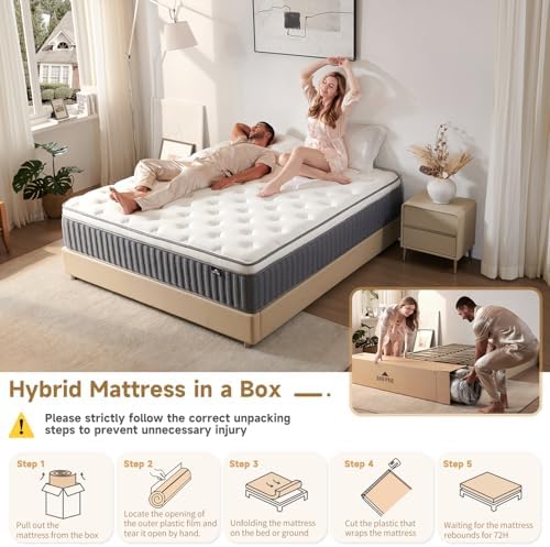 Queen Size Mattress 12 Inch, Hybrid Memory Foam Mattress with Zoned Pocket Coils Support and Motion Isolation Design, Strengthen Edge Support,CertiPUR-US Certified, Medium Firm in a Box