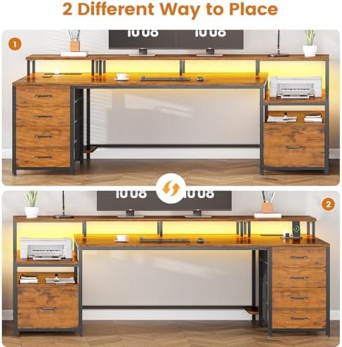 SEDETA Home Office Desk with File Drawer & Power Outlet, 75'' Large Computer Desk with 5 Drawer, Storage Shelves, Monitor Shelf and Led Lights, 23.6" W Desktop Gaming Desk, Rustic Brown