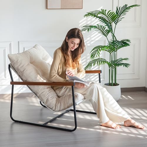 MAXYOYO Modern Accent Chair, Comfy Living Room Chair with Metal Frame Wooden Armrest, Upholstered Armchair with Soft Cushion for Bedroom Balcony Lounge Reading Room, Beige