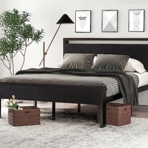 SHA CERLIN 14 Inch Queen Size Metal Platform Bed Frame with Wooden Headboard and Footboard, Mattress Foundation, No Box Spring Needed, Large Under Bed Storage, Non-Slip Without Noise, Black Oak