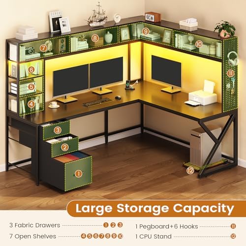 SEDETA L Shaped Gaming Desk with Storage Shelves and Hutch, Convertible 94.5" Computer Desk with Drawers, Corner Computer Desk with Power Outlet, LED Lights, Pegboard for Home Office, Black