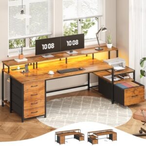 SEDETA Home Office Desk with File Drawer & Power Outlet, 75'' Large Computer Desk with 5 Drawer, Storage Shelves, Monitor Shelf and Led Lights, 23.6" W Desktop Gaming Desk, Rustic Brown