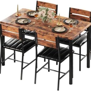 IRONCK Dining Table Set for 4, Wood Kitchen Table with Upholstered Chairs for Kitchen Room and Small Spaces, Rustic Brown