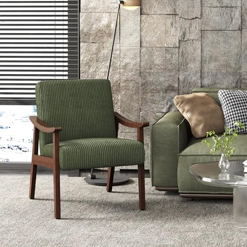 Yaheetech Corduroy Accent Chair, Mid-Century Modern Armchair with Solid Wood Legs, Reading Leisure Chair with High Back for Living Room Bedroom Waiting Room Dark Green