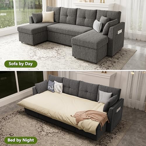 Oversized Sleeper Couch Sofa, 110 inch 2 in 1 Pull Out Couch with Double Storage Chaise, Sectional Sleeper Sofa Bed with Side Pocket for Living Room, Dark Grey