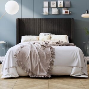 SHA CERLIN Full Size Corduroy Upholstered Platform Bed Frame with Vertical Channel Tufted Wingback Headboard, 8" Under Bed Storage, Wooden Slats & Metal Frame Support, Easy Assembly, Black