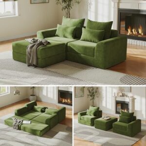 Modular loveseat with Ottoman, L-Shape Boneless Couch, Customizable Sectional Couch, Free Combination Design Sleeper Sofa, Sage Meadow