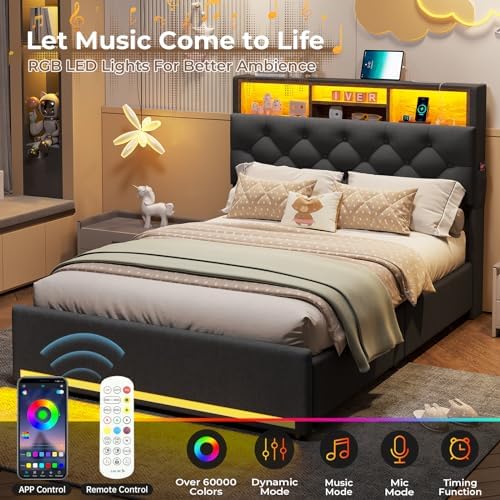 Twin Size Bed Frame with Hidden Storage Headboard and 4 Drawers, Upholstered Platform Bed Twin with LED Lights & Charging Station, No Box Spring Needed, Noise-Free, Dark Grey