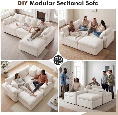111.4" Cloud Sectional Couches for Living Room, Boneless L Shaped Couch with Ottoman, 3 Seater Modular Sectional Sofa, White