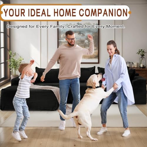 110" L-Shaped Modular Sectional Sofa with Chaise, Boneless Comfy Corduroy Fluffy Couch with Deep Seat and Side Pockets, Flexible Module Combination for Living Room, No Assembly, Side Pockets