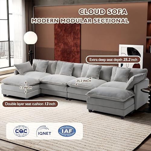 146" U-Shaped Modern Sofa Modular Sectional Cloud Couch with 2 Ottoman, 6-Seat Chenille Deep Seat Sofa with 6 Pillows for Living Room, Bedroom and Apartment, Grey
