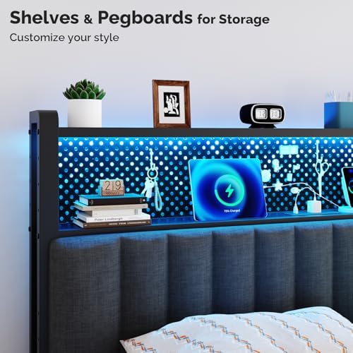 VINGLI Queen Size Headboard Only, Adjustable Upholstered Headboard with 2 Tier Shelves and Pegboard with Charging Stations and LED Lights, Modern Bed Headboard with Storage for Bedroom Decor