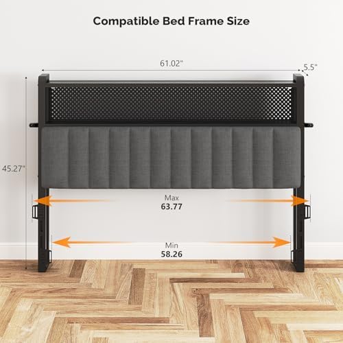 VINGLI Queen Size Headboard Only, Adjustable Upholstered Headboard with 2 Tier Shelves and Pegboard with Charging Stations and LED Lights, Modern Bed Headboard with Storage for Bedroom Decor