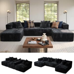 132'' U Shaped Sectional Couches for Living Room, Black Modular Boneless Cloud Sofa with 2 Chaise Lounges, 4-in-1 Flexible Combination Layered Foam Cushion Deep Seat Corner Couch, No Assembly