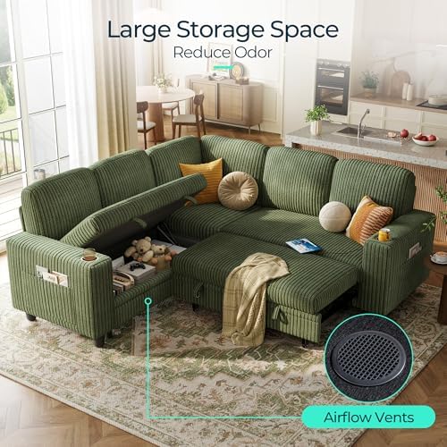 LINSY HOME Sectional Sleeper Sofa with Storage Chaise & USB Charging, Convertible Pull Out Couch Bed Plush Corduroy Modular Sectional Couches for Living Room Apartment (Green)