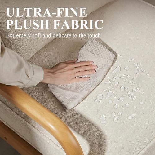 Mid-Century Accent Chair with Solid Wood Frame, Reading Relaxing Armchair Lumbar Pillow& Soft Cushion, Leisure Chair for Living Room, Bedroom, Waiting Room-Beige