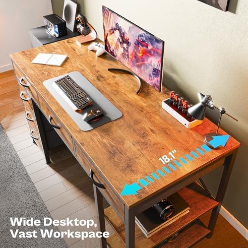 Huuger Computer Desk with 6 Drawers, Office Desk with Shelves, Reversible Gaming Desk, Corner Desk with Storage, Work for Home Office, Study, Living Room, 47inch, Rustic Brown