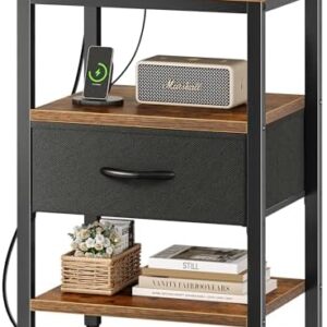 SUPERJARE Nightstand with Charging Station, Bed Side Table with Adjustable Fabric Drawer, Night Stand for Bedroom, 3-Tier Storage End Table, for Living Room, Rustic Brown and Black