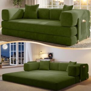 78.8" Convertible Sofa Bed,Corduroy Futon Couch with Storage Pocket,Folding Pull Out Futon Sofa,No Assembly Boneless Couch for Living Room,Green