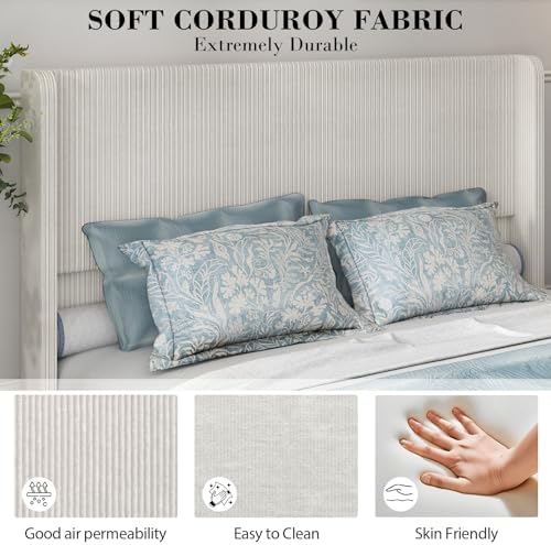 Queen Size Upholstered Bed Frame, Soft Corduroy Platform Bed with 47" Luxury Wingback Headboard, Solid Steel Slats Support, No Box Spring Needed, Noise Free, Easy Assembly, Cream
