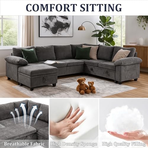 108 Inch Sectional Sleeper L Shaped Sofa with Pull Out Bed, 7 Seat Modular Sectional Sofa with Storage, Modern Chenille Cloud Couch, Sectional Couches for Living Room, Gray
