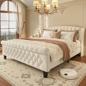 HISOFT Queen Platform Bed Frame, Velvet Upholstered Sleigh Bed with Wingback Tufted Headboard and Footboard, Quiet & Stable Support, No Box Spring Needed, Noise-Free Design, Easy Assembly, Beige