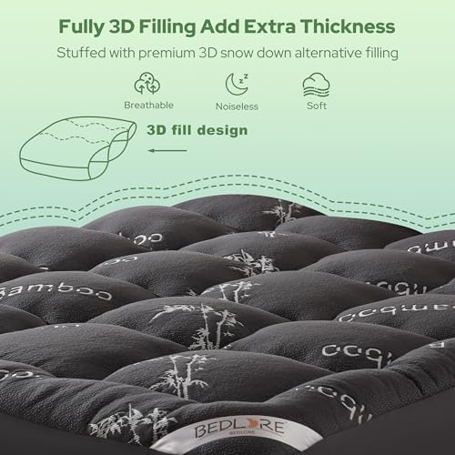 BEDLORE King Mattress Topper Viscose Derived from Bamboo, Thick Pillow Top Mattress Pad with Stretchable Pockets for 6"-18" Mattress, Soft Breathable Mattress Topper for Back Pain Relief(Dark Gray)