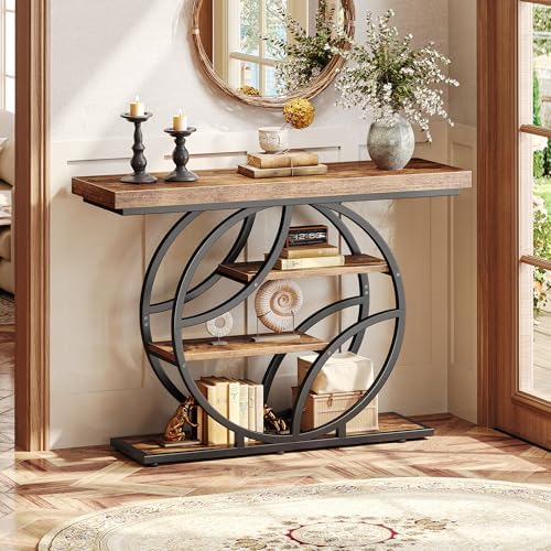 Huuger 41.3 Inch Entryway Table, Industrial Console Sofa Table with Storage, Accent Table with Shelves, for Entry, Hallway, Entrance, Foyer, O-Shaped Metal Frame, Rustic Brown
