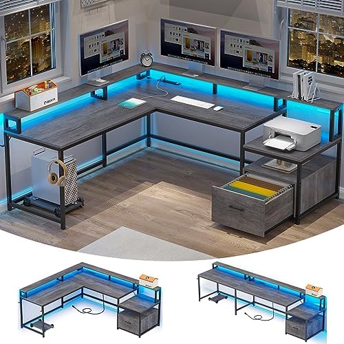 SEDETA L Shaped Desk, 66" Home Office Desk with Wood File Drawer & Power Outlet, Gaming Desk with Led Lights, Corner Computer Desk with Monitor Shelf, Printer Storage Shelves, Two Person Desk, Grey