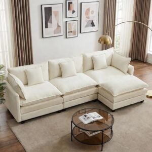 113” Modular Sectional Sofa, L Shaped Cloud Couch with Movable Ottoman, Comfy Chenille Deep Seat Sofa with Throw Pillows, 4 Seat Modern Couches for Living Room Bedroom Apartment, Beige